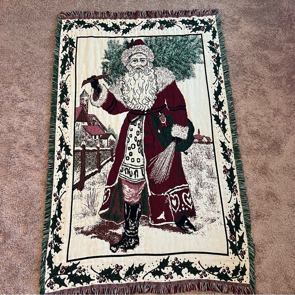 Festive Holiday Tapestry Throw blanket cover with Santa Carrying Tree 44” x 69”